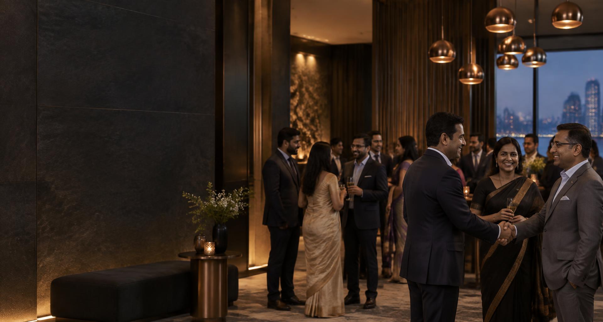 Maharashtrian business professionals connecting at an evening networking reception
